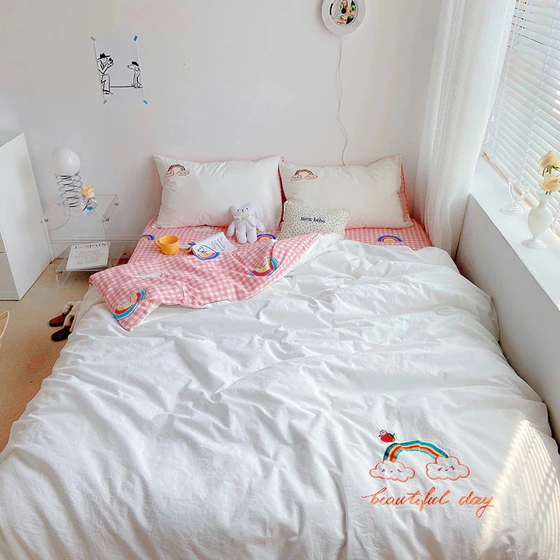 限定SALE!ウォッシュドコットン4点セットかわいいキルトカバー純綿ベッド純綿裸睡眠ホーム刺繍寝具3点セット