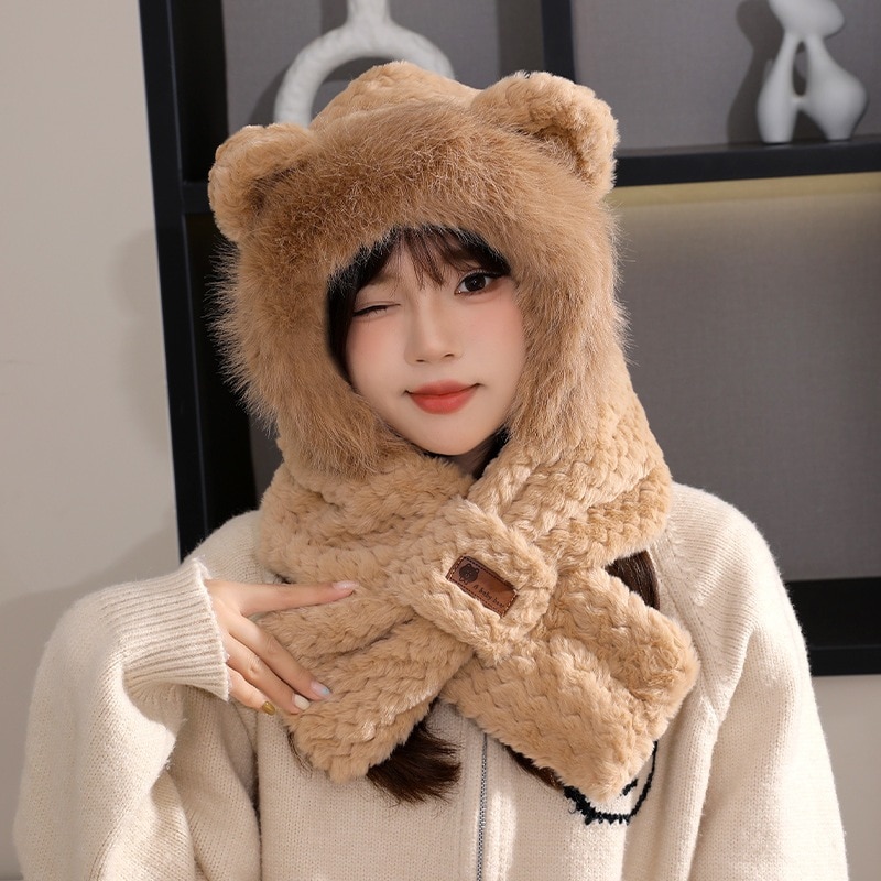 ぬいぐるみ帽子マフラーオールインワン女性冬かわいい厚く暖かい寒さ保護ヘッドカバー耳保護キャップ