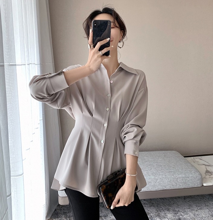 トップス シャツ 長袖 シャツスリーブ 襟あり前開き 2way ウエストライン ベルト かっこいい 大人女子 フォーマル 無地 春 夏 秋 入学式 入園式 通勤 OL 20代 個性的 グレー ホワイト