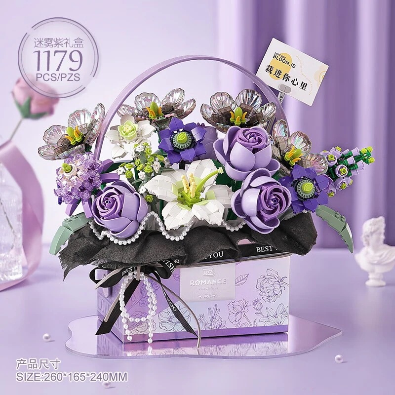 花束積み木不滅の花組み立てられた鉢植えのバラガールフレンドへのギフト女の子へのおもちゃバレンタインデーの誕生日プレゼントミスティパープル（ライト付き）