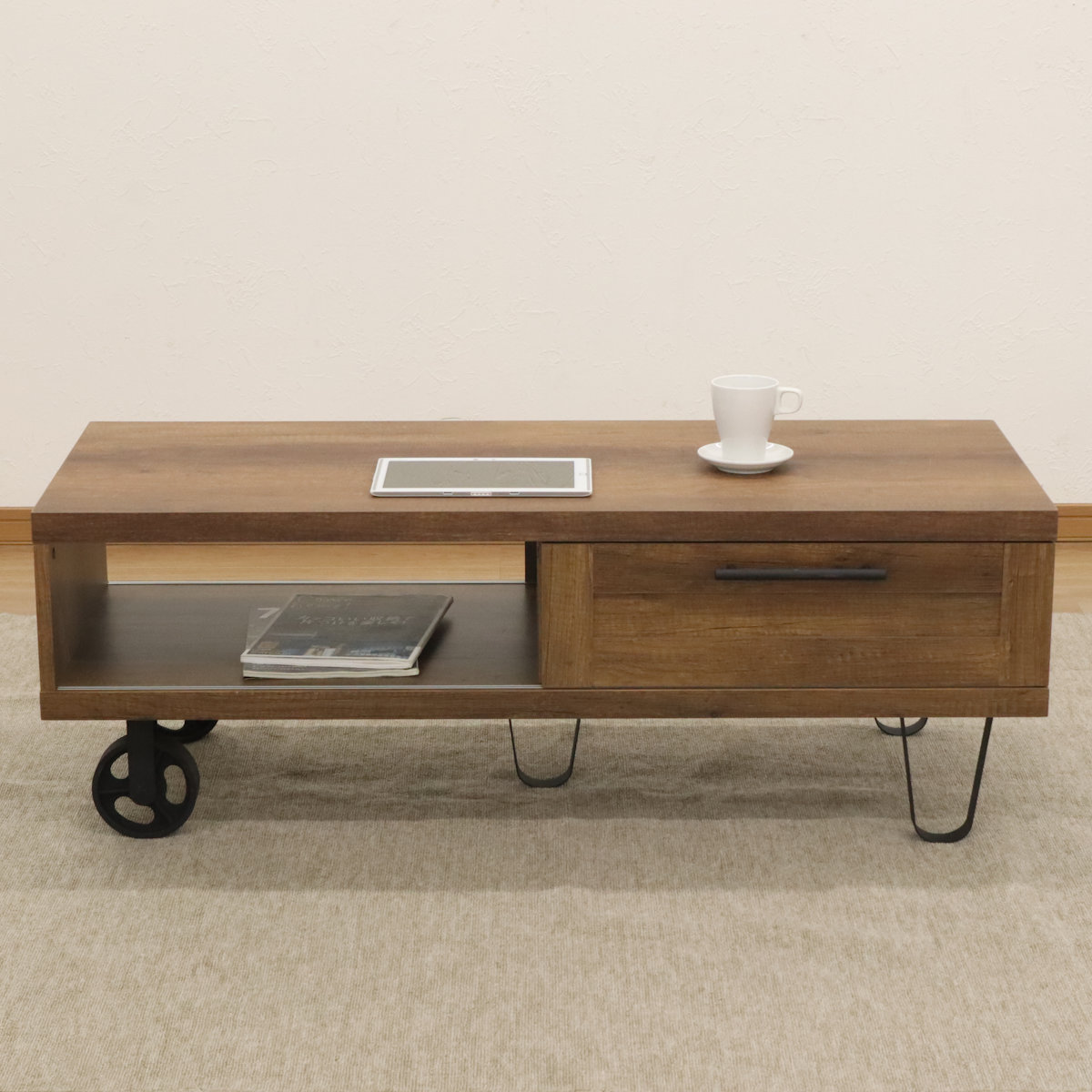 リビングテーブル 幅120cm 木目調 ヴィンテージ風 センターテーブル ローテーブル テーブル スチール 脚 収納 引き出し おしゃれ インダストリアル調