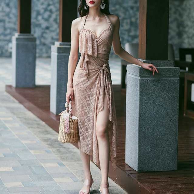 ワンピース水着 ツーピース水着 ホルターネック ノースリーブ パレオ バックシャン セクシー リボン結び フリル アシンメトリー 大人っぽ 6,000円