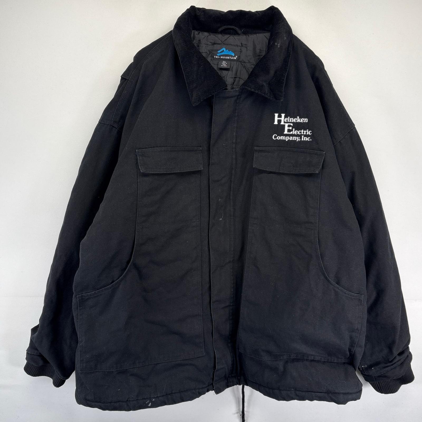 古着 TRIMOUNTAIN ワークジャケット ダック フルジップ 中綿 大きいサイズ 企業ロゴ 3XL ブラック メンズ