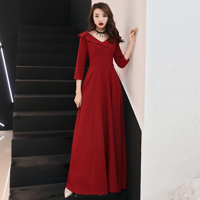 ロングドレス 長袖 パーティードレス 演奏会 カラードレス レッド 結婚式ドレス ピアノ 発表会 お 7,777円