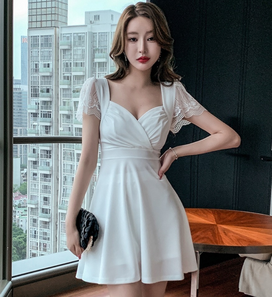 ワンピース デート ミニ丈 半袖 レース シフォン フリル 可愛い きれいめ 上品 おしゃれ かっこいい 可愛い ラブリー キュート ガーリー クール モード系 セクシー エレガント 存在感