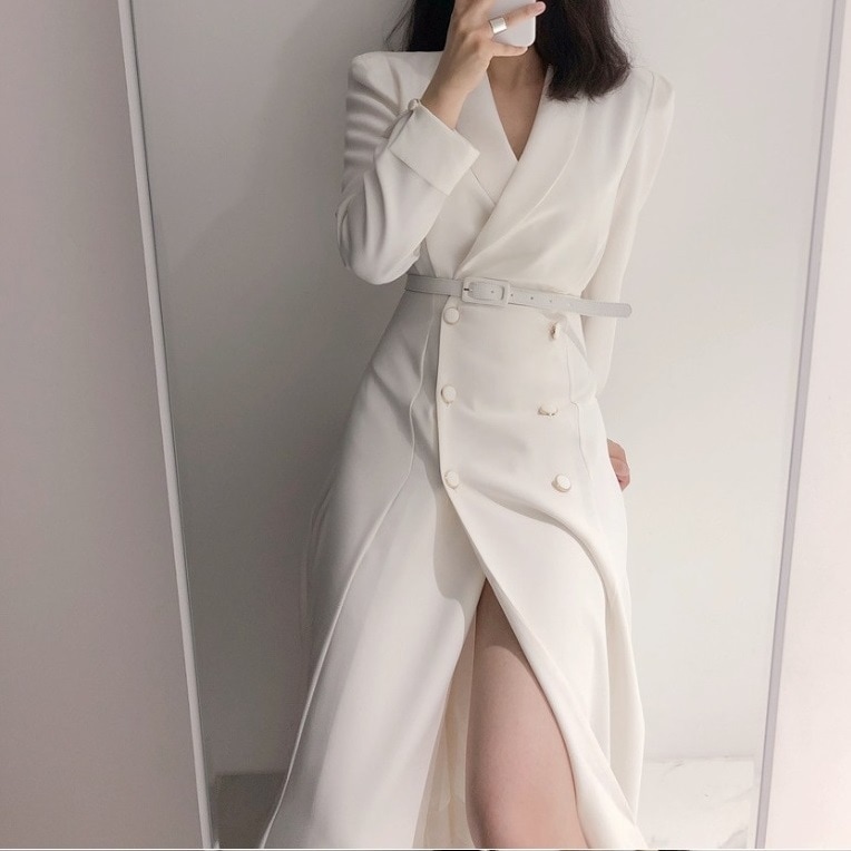 ワンピース レディース ロング ロング丈 長袖 襟付き 前開き ボタン ベルト 無地 スリット 上品 きれいめ エレガント スタイル オフィス 通勤 デート お出かけ デート 女子会 パーティー