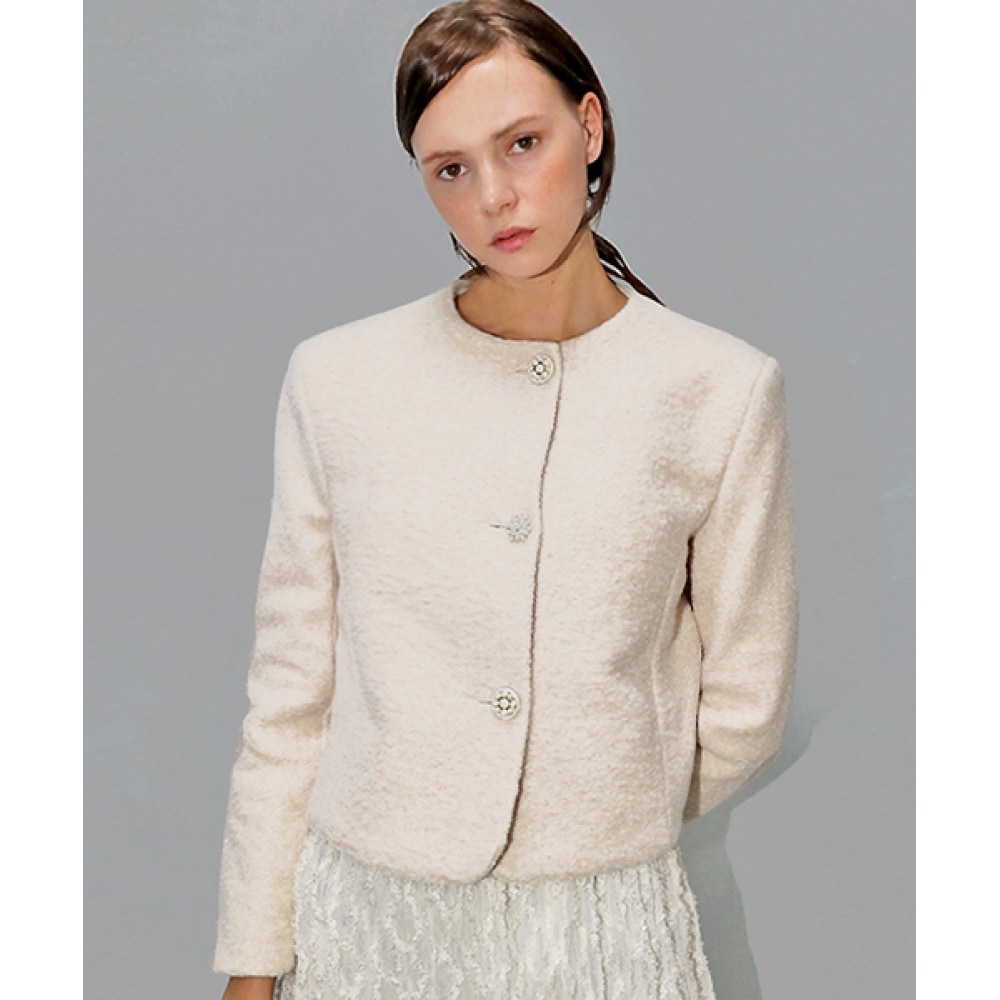 DAMAGE MNEMONICカーリングウールラウンドネックアイボリージャケット_Curling Wool IV JK