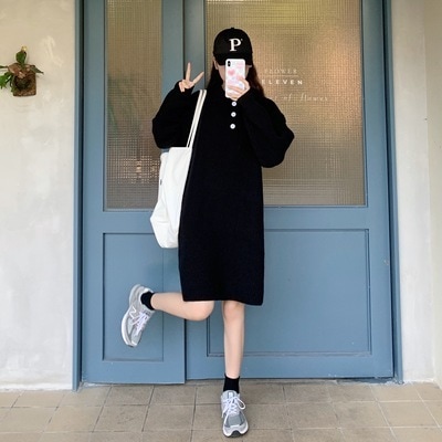 ワンピース 膝丈 ひざ丈 膝上 袖あり 長袖 Vネック 襟付き ポロカラー ストレート ニット かわいい 大人可愛い きれいめ シンプル カジュアル 大人 おしゃれ レトロ ラフ ラブリー キュート