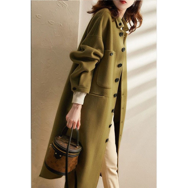 ステンカラーコート レディース ロング丈 ラシャコート ステンカラースー 黒 チェスターコート