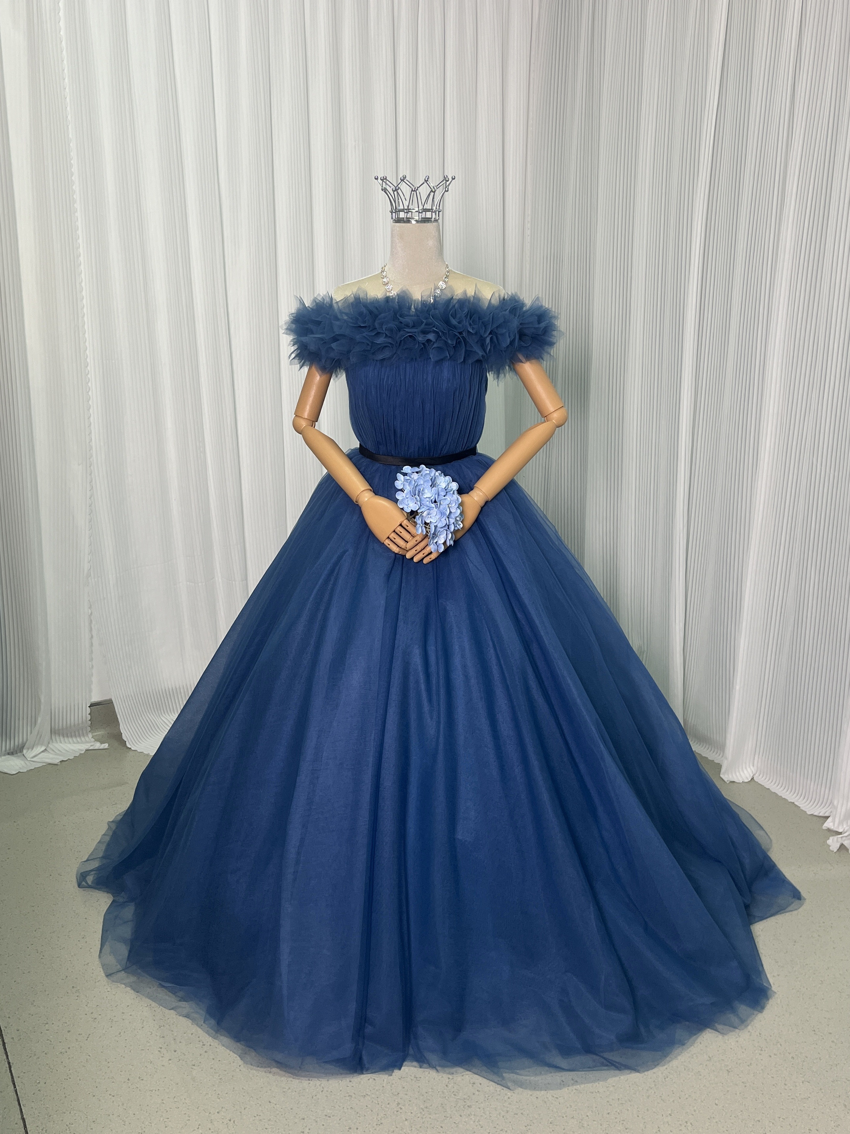豪華！カラードレス ブルー オフショルダー チュールスカート Aライン 編み上げ 演奏会