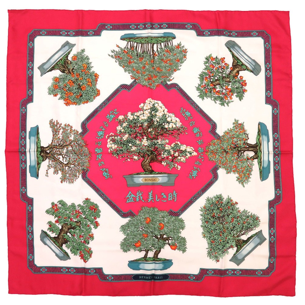 美品 カレ90 盆栽 美しき街 スカーフ シルク/シルク レッド 0009【中古】 ユニセックス