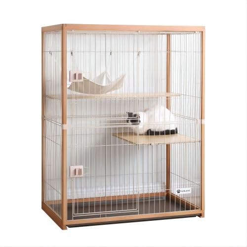 BTM 猫ケージ キャットケージ 2段 木製フレーム 広々 大型 おしゃれ キャットハウス ネコハウス 留守番 梯子付き 保護 脱走防止 組み立て簡単 多頭飼い 多頭 ペットケージ ナチュラル