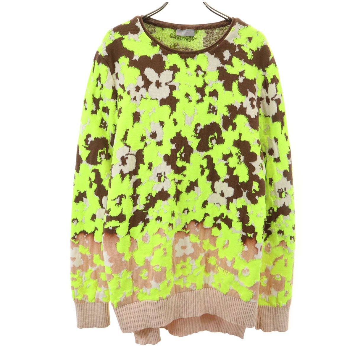 美品 22SS イタリア製 総柄 長袖 テクニカルコットン ジャカード ニット S ネオンイエロー セーター メンズ 古着