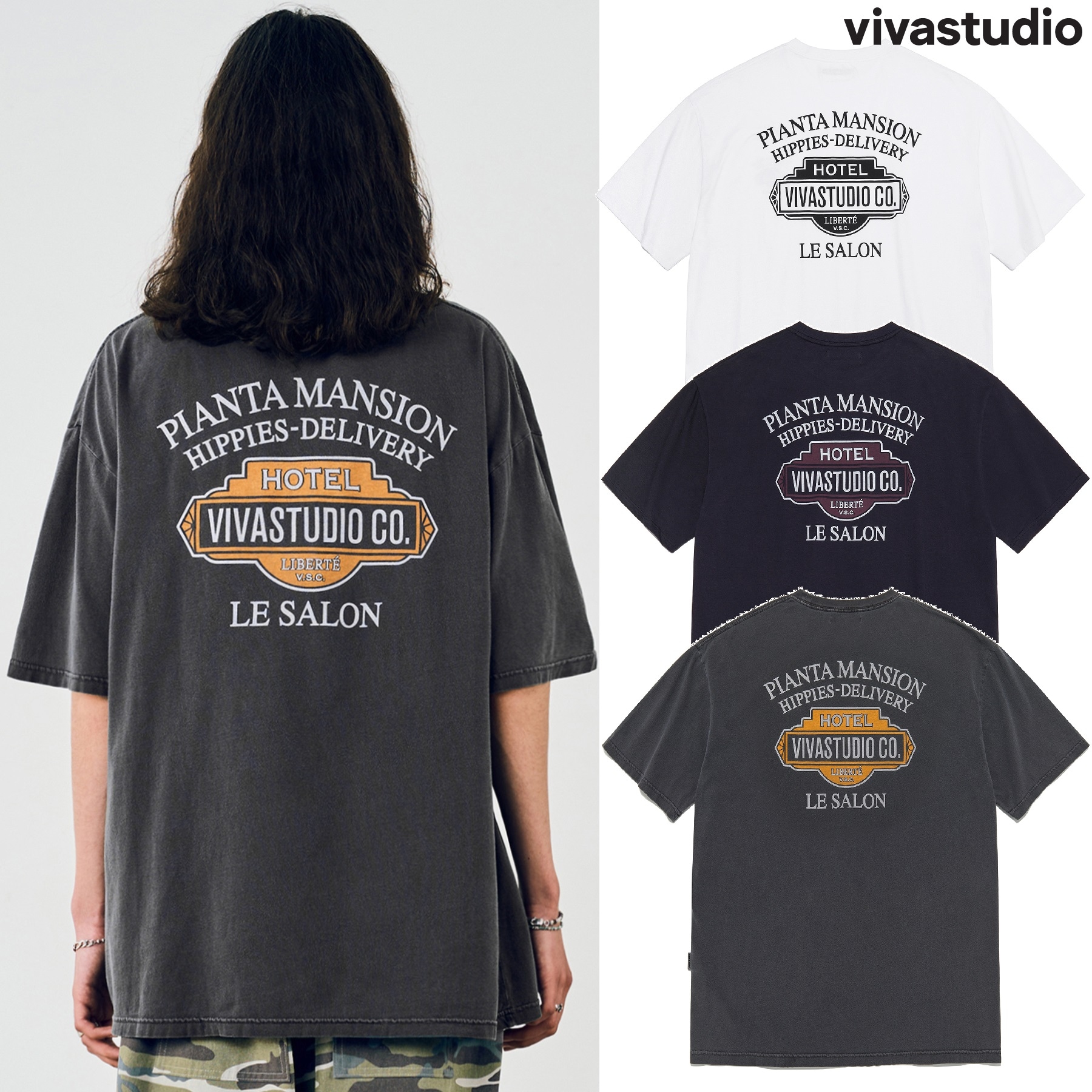 HIPPIES TEE 3色 新商品 韓国人気 男女共用 韓国ファッション 夏のファッション 学生ファッション カップル デイリールック ヴィンテージ ストリートファッション