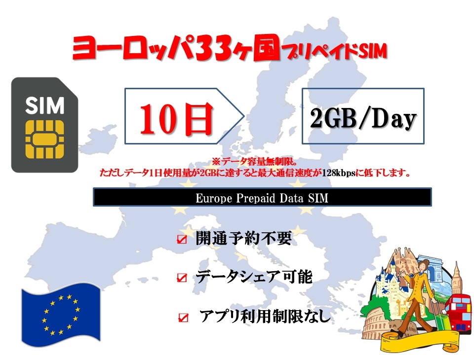 ヨーロッパSIM 海外SIM プリペイドSIM ヨーロッパ 周遊 33カ国対応 データ容量1日2GB 利用期間10日 4G LTE データ専用 海外出張 海外旅行 短期渡航 一時帰国一時帰国