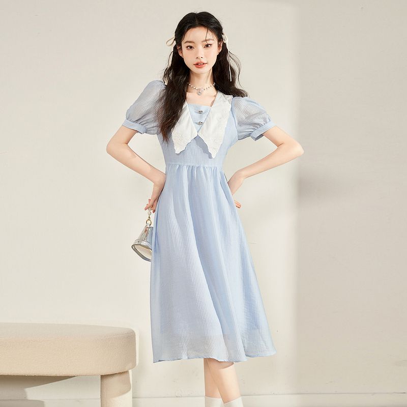 ソフト スクエアネック パフスリーブワンピース 2025夏新作 Aラインロング スリムシルエット ワンピース ワンピース レディース ロングワンピース ワンピース 夏 パーティードレス 韓国 ワンピー