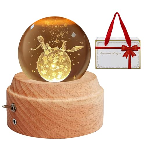 オルゴール クリスタルボール USB充電 投影機能 木製土台 LEDライト 間接照明