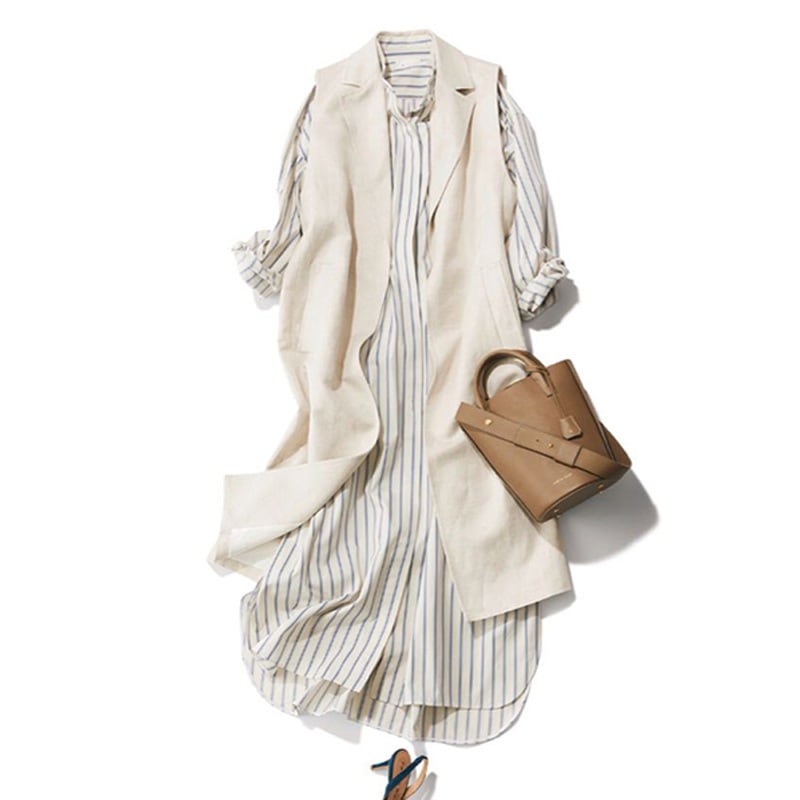 【人気沸騰】 上品な可愛さ無地ロング丈ベスト＋ストライプ柄ワンピースセット 5,020円