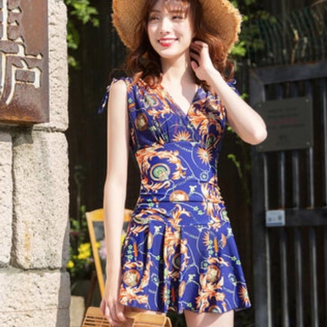 水着 ワンピース 体型カバー レディース 大きいサイズ ノースリ リボン ハイウエスト 総柄 リゾート ビーチ