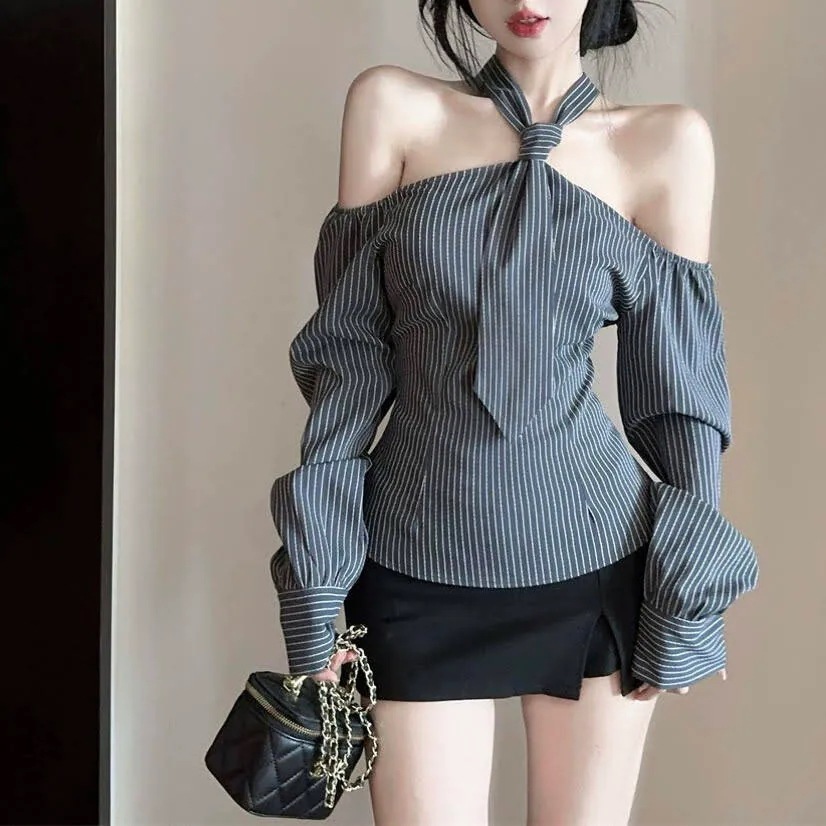 トップス シャツ ブラウス レディース 長袖 ホルターネック ストライプ オフショルダー ネクタイ スリム 細身 かわいい 大人可愛い 大人かっこいい 大人女子 おしゃれ お洒落 きれいめ シンプル
