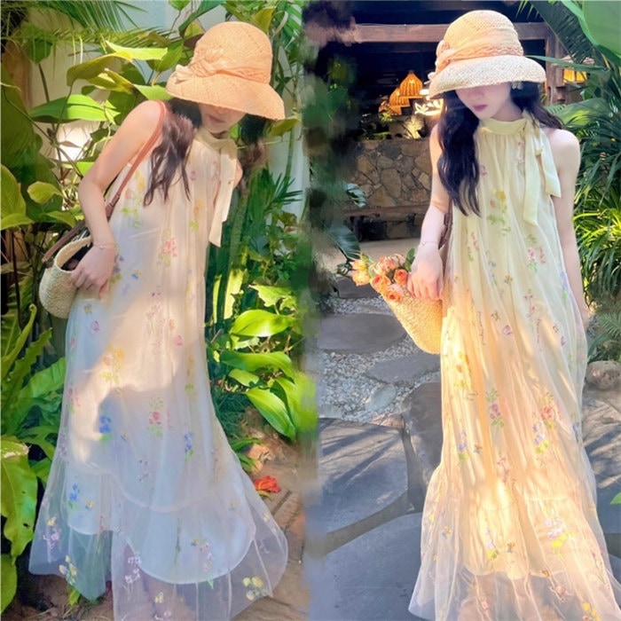 ベージュ　ワンピース 袖なし 夏用 夏服 レディース ゆったり レース　刺繍　豪華 リゾート タンクトップワンピース ビーチ ノースリーブ ハワイアン 旅行 海デート 夏物 おしゃれ 大人 ロング