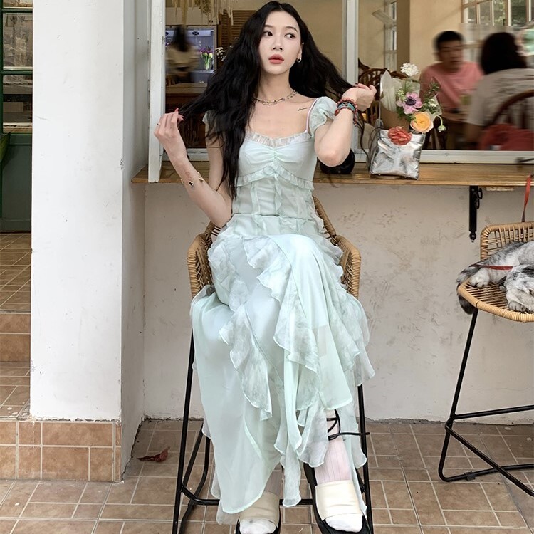 レディース ワンピース ドレス ワンピースドレス ワンピドレス ロング マキシ フレンチスリーブ Uネック セミフレア Aライン 背中開き バックコンシャス フェミニン レース フリル 縦フリル