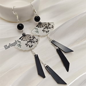 耳飾り チャイナ風 ピアスイヤリング 大ぶり揺れる 扇子竹柄水墨画 可愛い個性的 成人式日常撮影用 合わせやすいアクセサリー