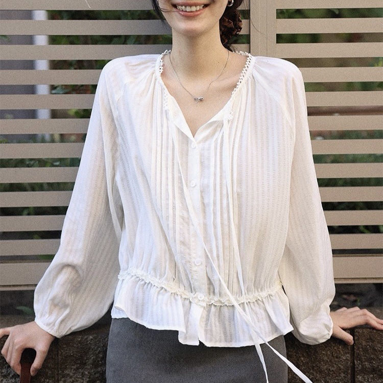 【送.料.無.料.急速発送】レースプリーツシャツで秋カジュアル