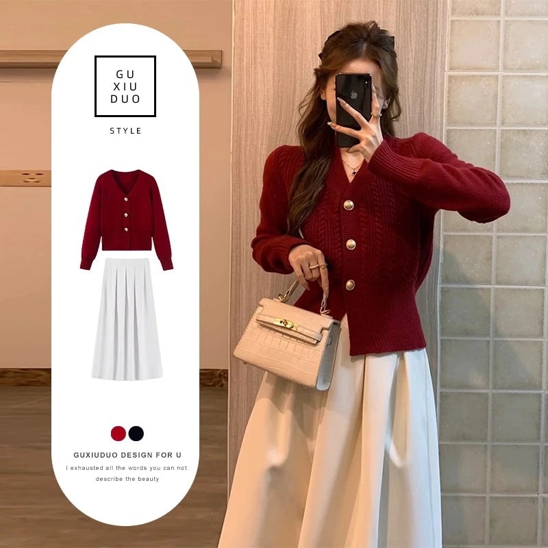 ハイエンドのカスタマイズ-結婚式に出席する太った女性がフレンチセータードレスと合わせて着る初秋の婦人服 2点セット 5,390円