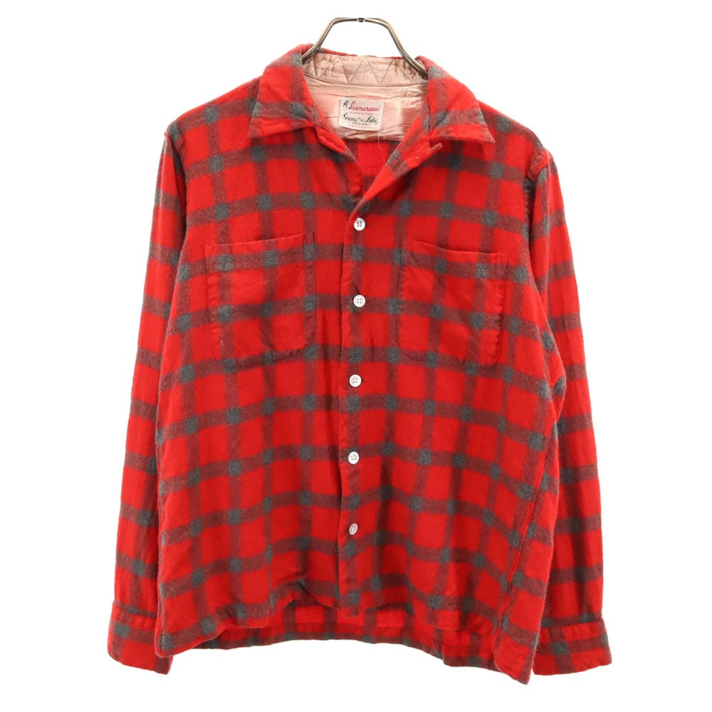 ゲームアンドレイク 50s ヴィンテージ 開襟 チェック柄 長袖 ボックスシルエット オープンカラー ウールシャツ M レッド Game and Lake メンズ