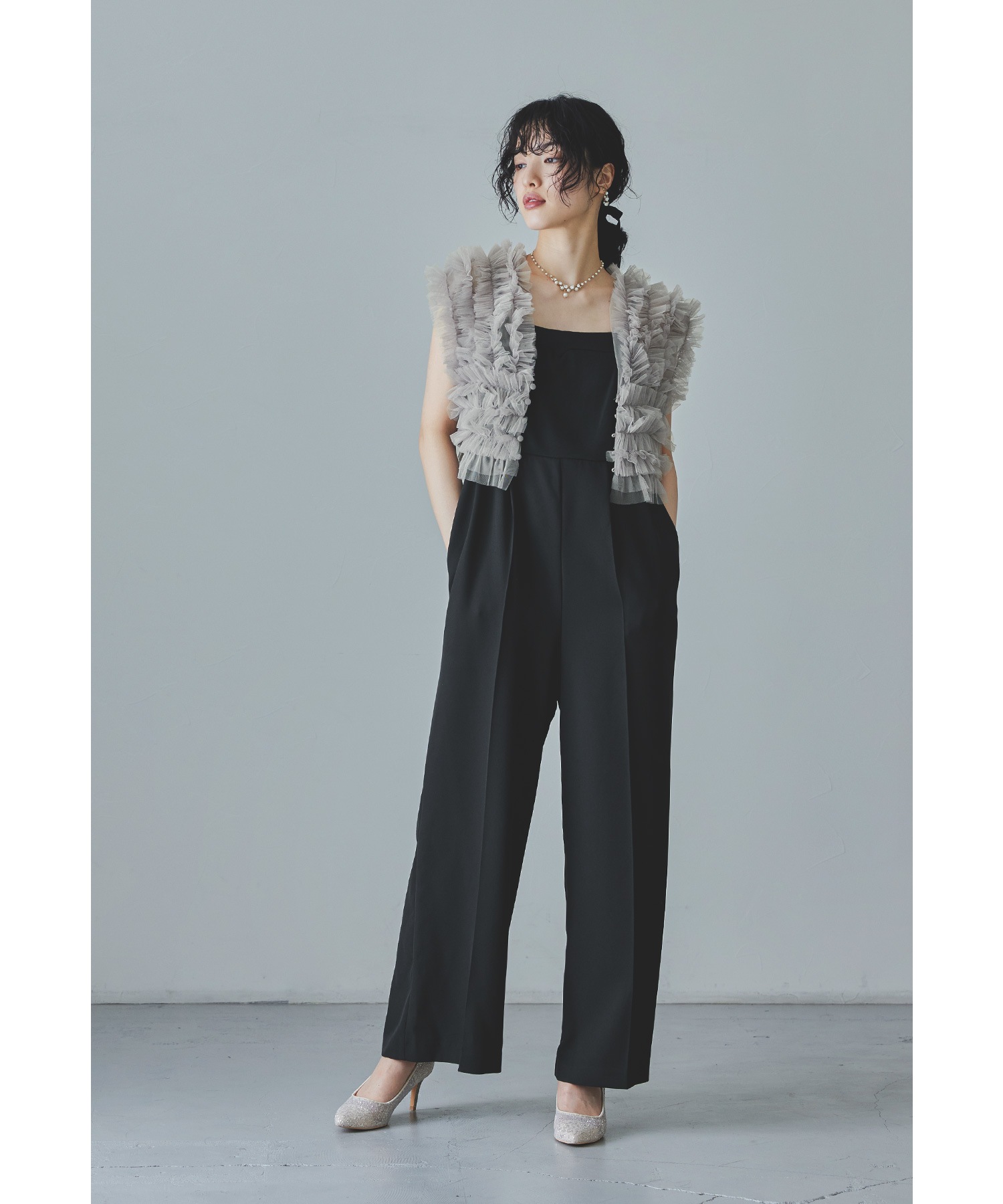 チュールベストオールインワンドレス パーティードレス 結婚式 パンツドレス ワイドパンツ Vネック ブラウス ボレロ フリル 羽織 2点セット お呼ばれ パーティー 二次会 披露宴 謝恩会 成人式