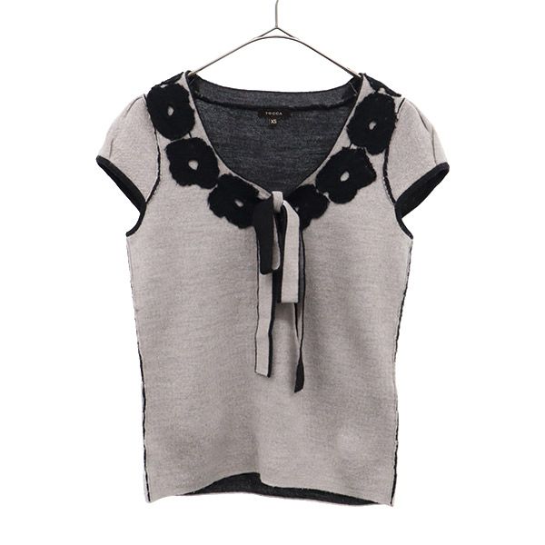 ウール 花柄 半袖 ニット XS ブラック×ホワイト フレンチスリーブ セーター レディース