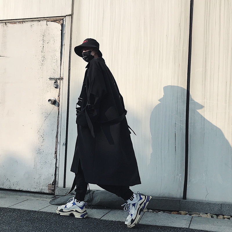 デザイナーズ非対称オーバーサイズトレンチコートメンズゆったりミドル丈変則ストラップコートコート