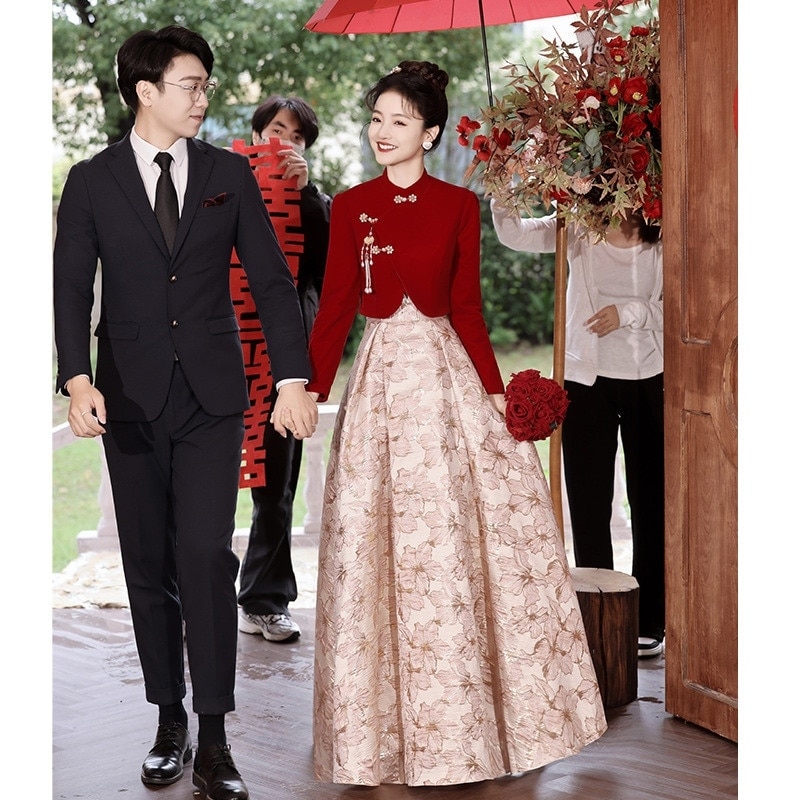 2025 秋冬 赤ドレス ワンピース 新作 レッドドレス チャイナドレス 長袖 ロングワンピース パーティードレス レディース