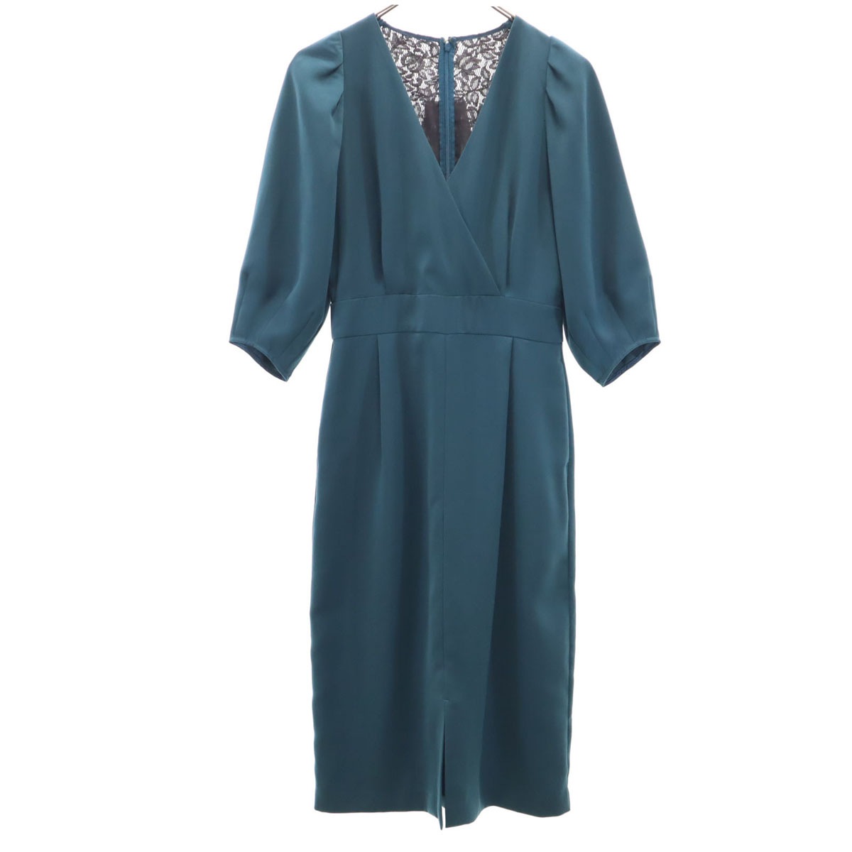 未使用 日本製 5分袖 レース切替 ワンピース 36 ダークグリーン レディース 古着