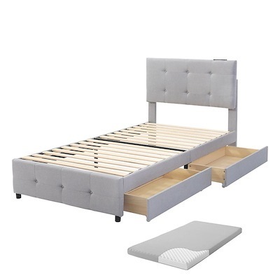 【厚さ10cmマットレス付き】Sファブリックベッド 引き出し付き シングルベッド 布貼りベッド かわいい 木製 アイアン 大人用 組立簡単 下収納 すのこベッド 耐震 ベッド 北欧風 おしゃれ