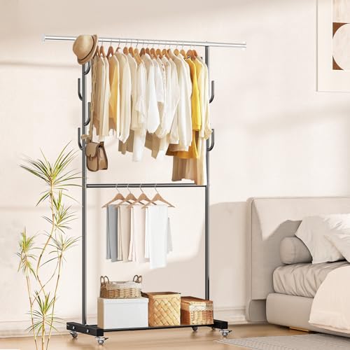 ハンガーラック 多機能収納 おしゃれ 洋服ラック 衣類収納 頑丈 防サビ キャスター付き 洋服掛け (ブラック, 二重式)