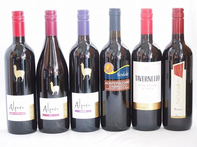 チリ産アルパカとイタリア赤ワイン6本セット(赤シラー 赤カルメネール 赤カベルネメルロー 赤ブルー