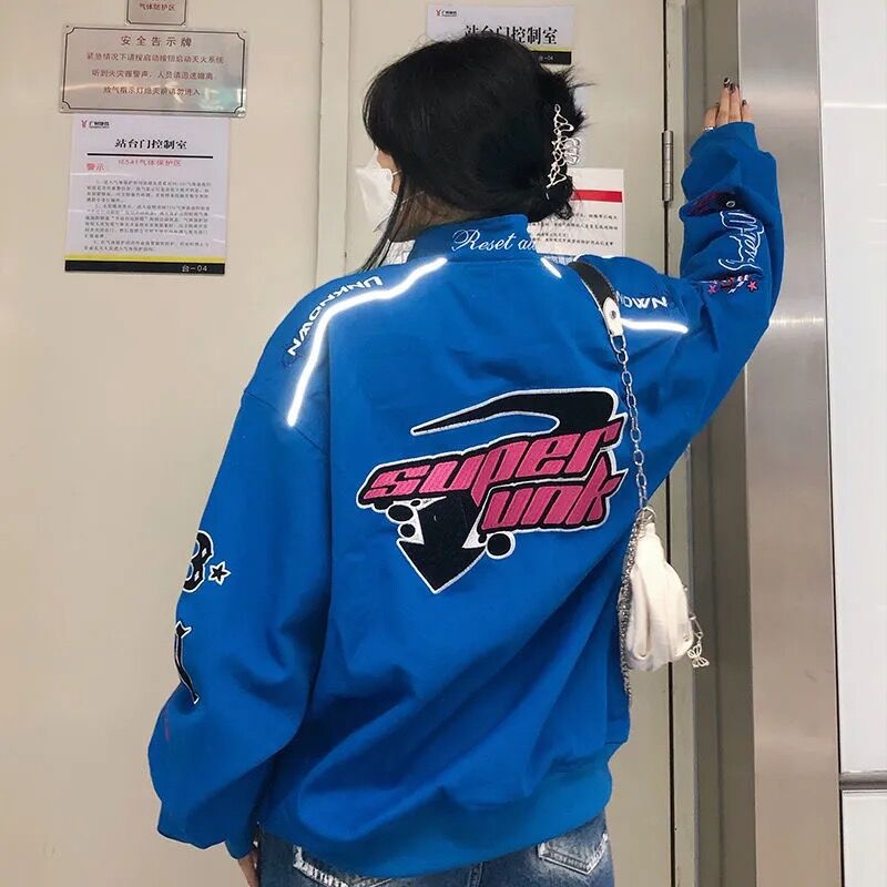 アウタージャンパーブルゾンスウェット アメリカンレトロ刺繍レーサーインズ野球服男女同じクラインブルーのコートペアルックジャケットライダース