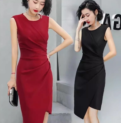 レディース スカート ワンピース ドレス フレア ペンシルスカート ミモレ ノースリーブ ラウンドネック タイト 細身 アシンメトリー ドレープ 背中開き フェミニン タック ウエストマーク