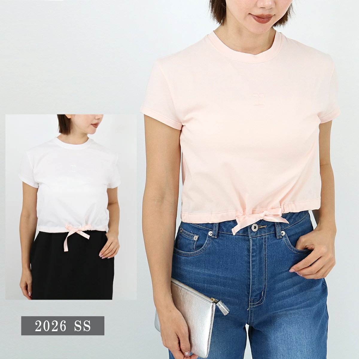 S0704 SATIN RIBON CROP T シグネチャーサテンクロップドTシャツ トップス 半袖 クルーネック サテン レディース ロゴ ブランド