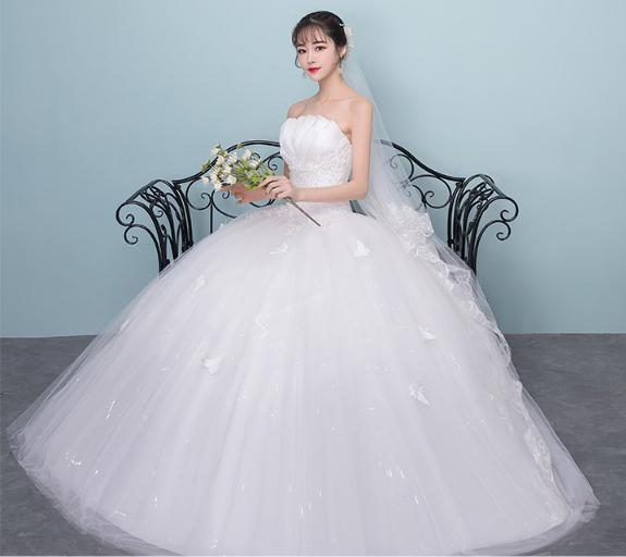 ロングウェディングドレス 豪華な ウェディングドレス 結婚式【二次会】【パーティー】【披露宴】 エンパイアドレス フリル ドレス　謝恩会　パニエ　ベール　グローブ　ドレスカバー対応可