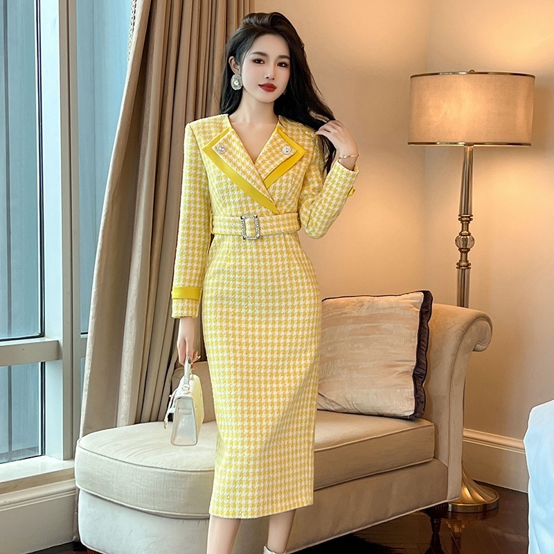 2024秋冬服新型婦人服小香風気質開襟ウエストバンドバッグヒップチェックワンピース30740