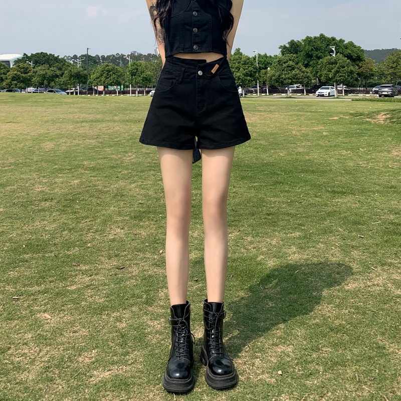 女性用ハイウエストブラックデニムショートパンツ2024夏aラインルーズ痩身アウターホットパンツ