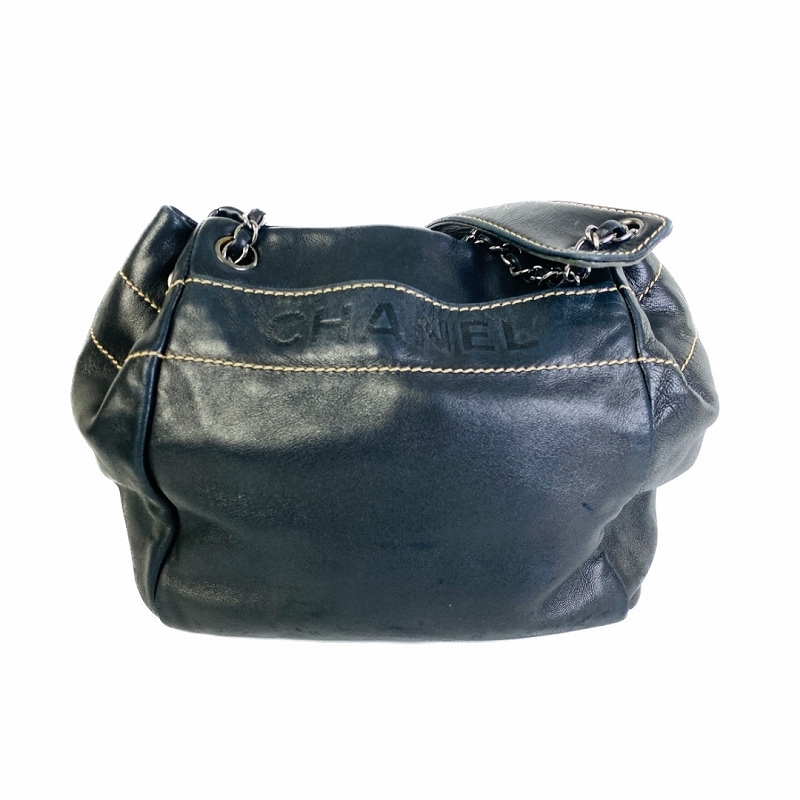 CHANEL ラムスキン ショルダーバッグ シャネル文字 ブラック シルバー金具 トートバッグ チェーンバッグ 美品 A-5583