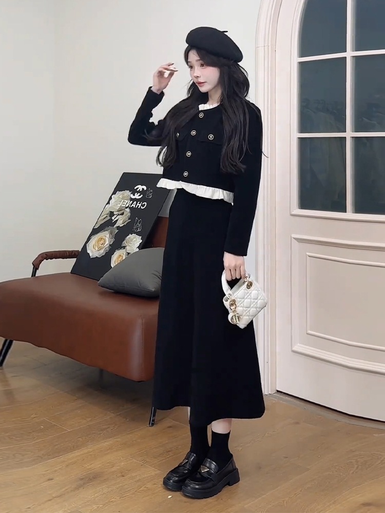 小さな香りヘップバーンスタイルスーツロングスカートのセット全体と黒の長袖ドレス子供2023新しい初秋