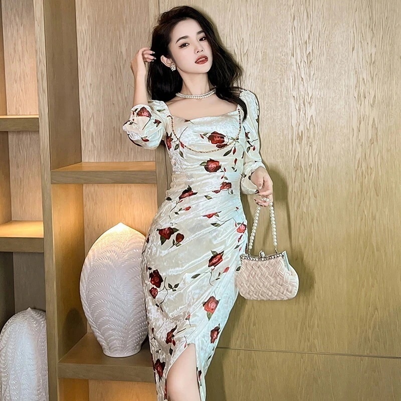 秋冬 レトロ ローズ柄ワンピース スリット パーティードレス キャバ 着痩せ 大人 同窓会 披露宴 卒業式 結婚式 演奏会 ウェディング 二次会30%までに制限