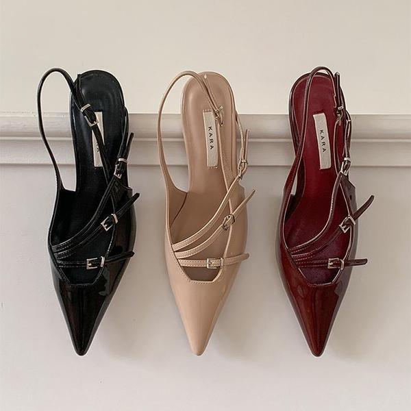 女性の足の甲ストラップスリングバックミドルヒール3色