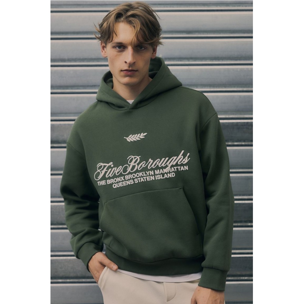 H&M ルーズフィットプリントフーディーカーキグリーン/ファイブボローズ