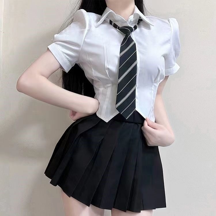 【1つ買うと10つ無料】女性のための純粋な欲望jkユニフォームスーツ2025夏2025年夏スリムパフスリーブシャツプリーツスカート2ピースセット